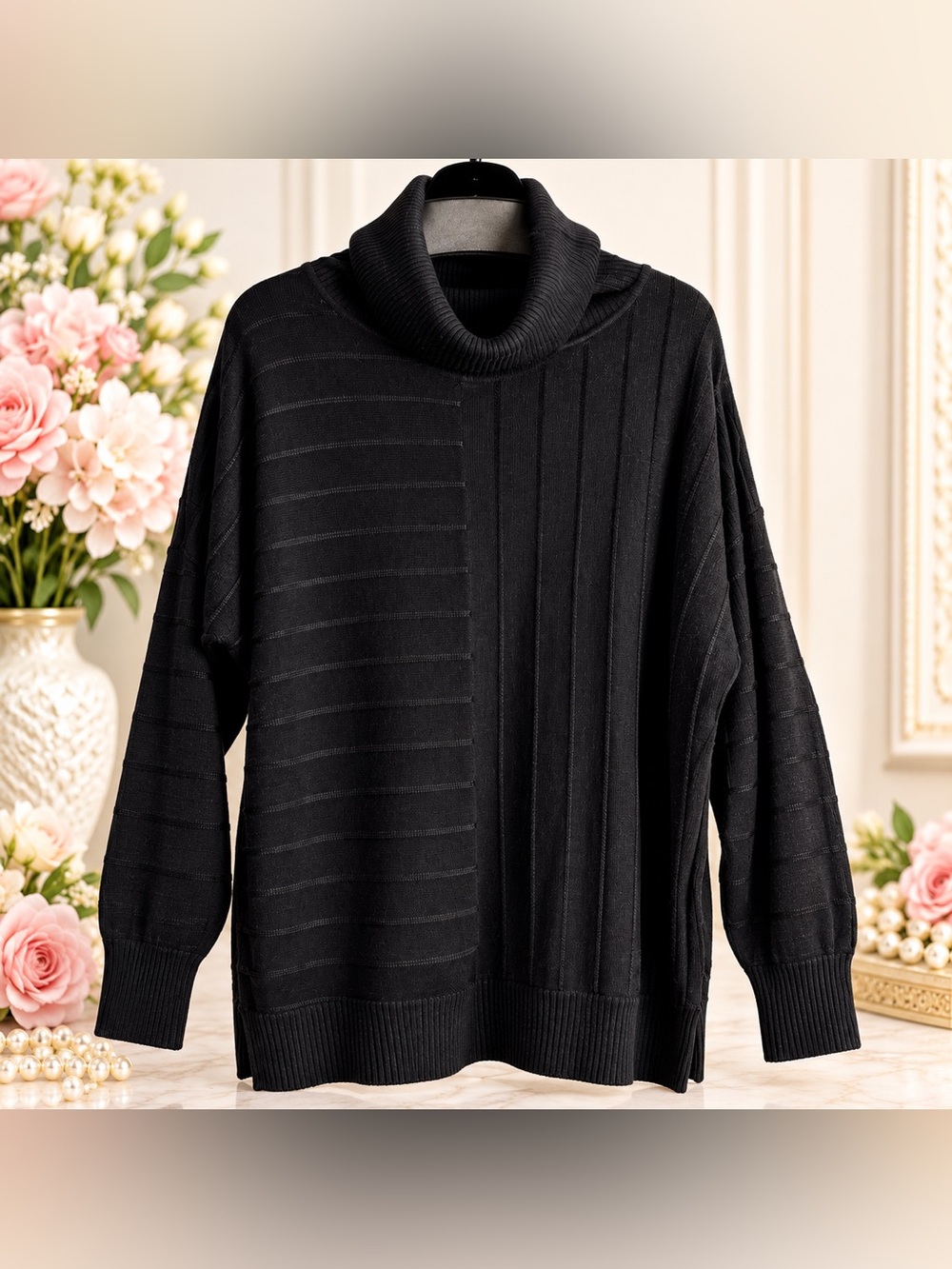 Joseph A. Black Turtleneck Sweater Size L Oversized Wool Blend